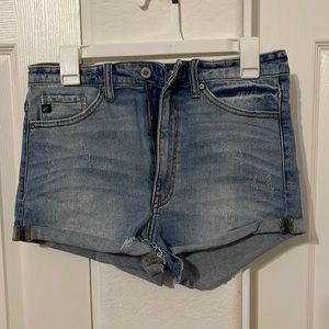 Womens large kancan denims shorts with distressed hem.